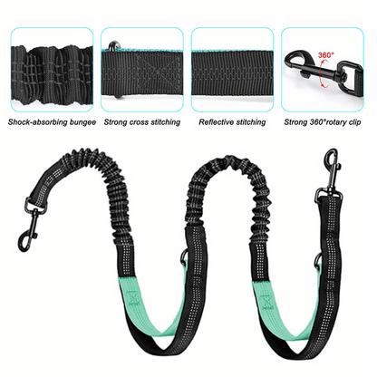 Utdragbart Handsfree Hundkoppel med Dubbla Bungees för 2 Hundar