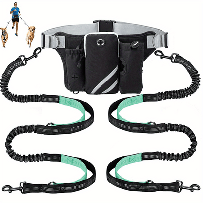 Utdragbart Handsfree Hundkoppel med Dubbla Bungees för 2 Hundar