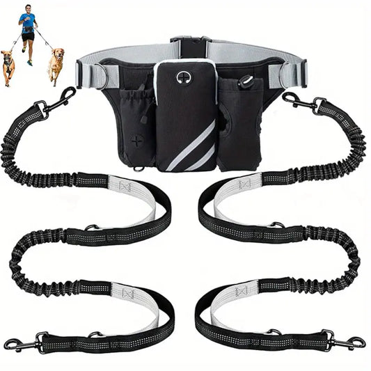 Utdragbart Handsfree Hundkoppel med Dubbla Bungees för 2 Hundar